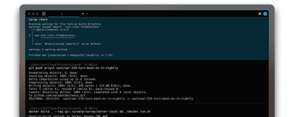 Warp terminal showing cargo check output, git push command, and docker build command