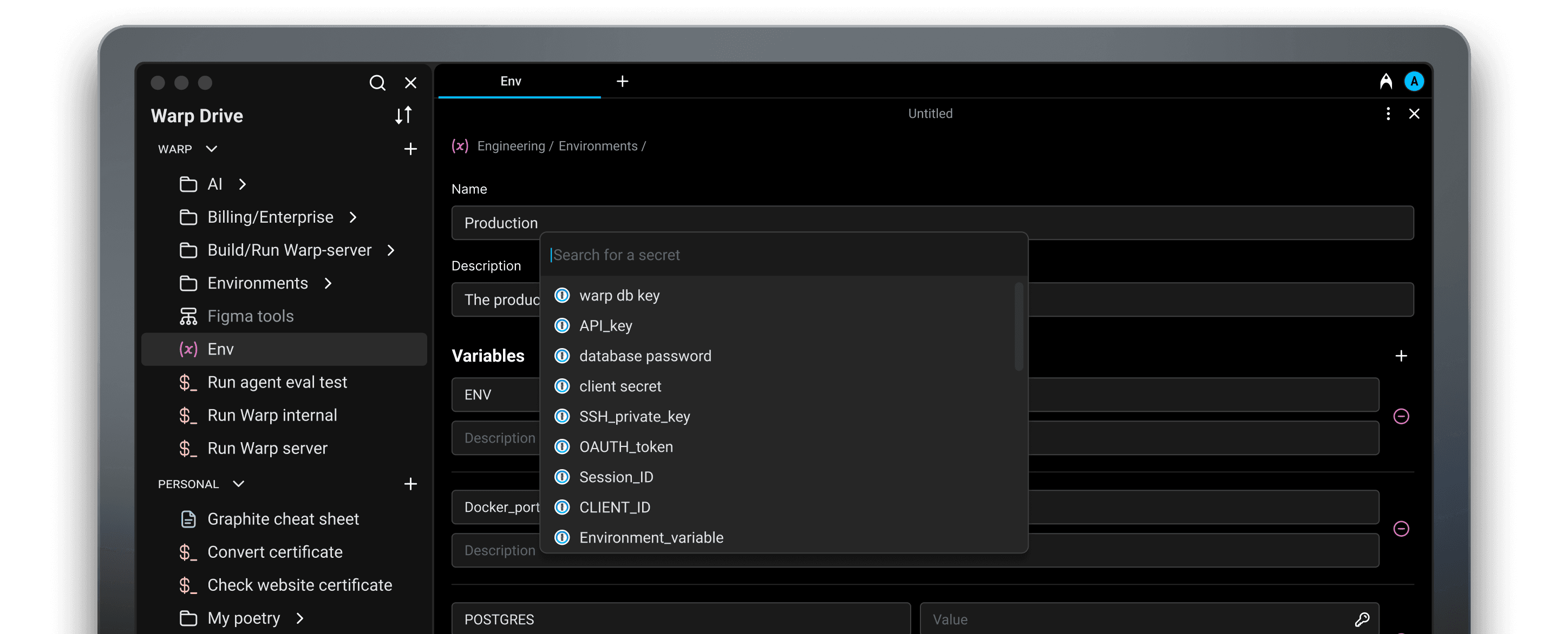 Warp Drive showing environment variables for production, including API keys and database passwords.