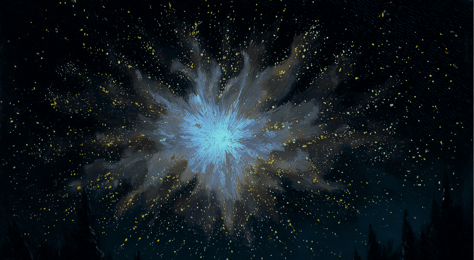 An oil painting of a landscape with a small cluster of trees on a sandy hill, a building on the hill, and a wide, open field under a cloudy sky.