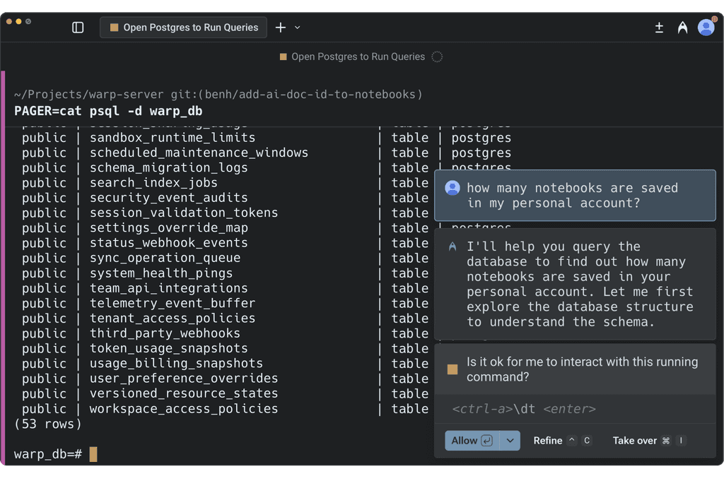 Warp AI agent development environment showing code editor and file navigation