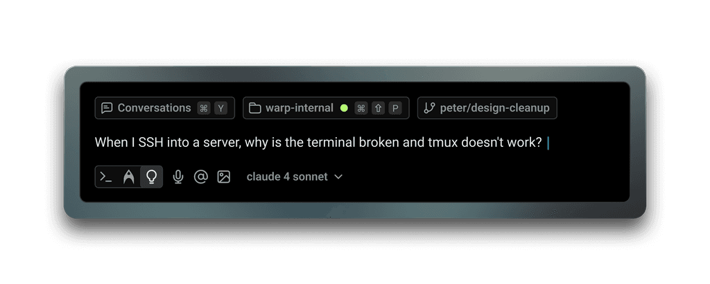 Warp terminal interface showing a user asking "When I SSH into a server, why is the terminal broken and tmux doesn't work?" with Claude 4 Sonnet AI selected.