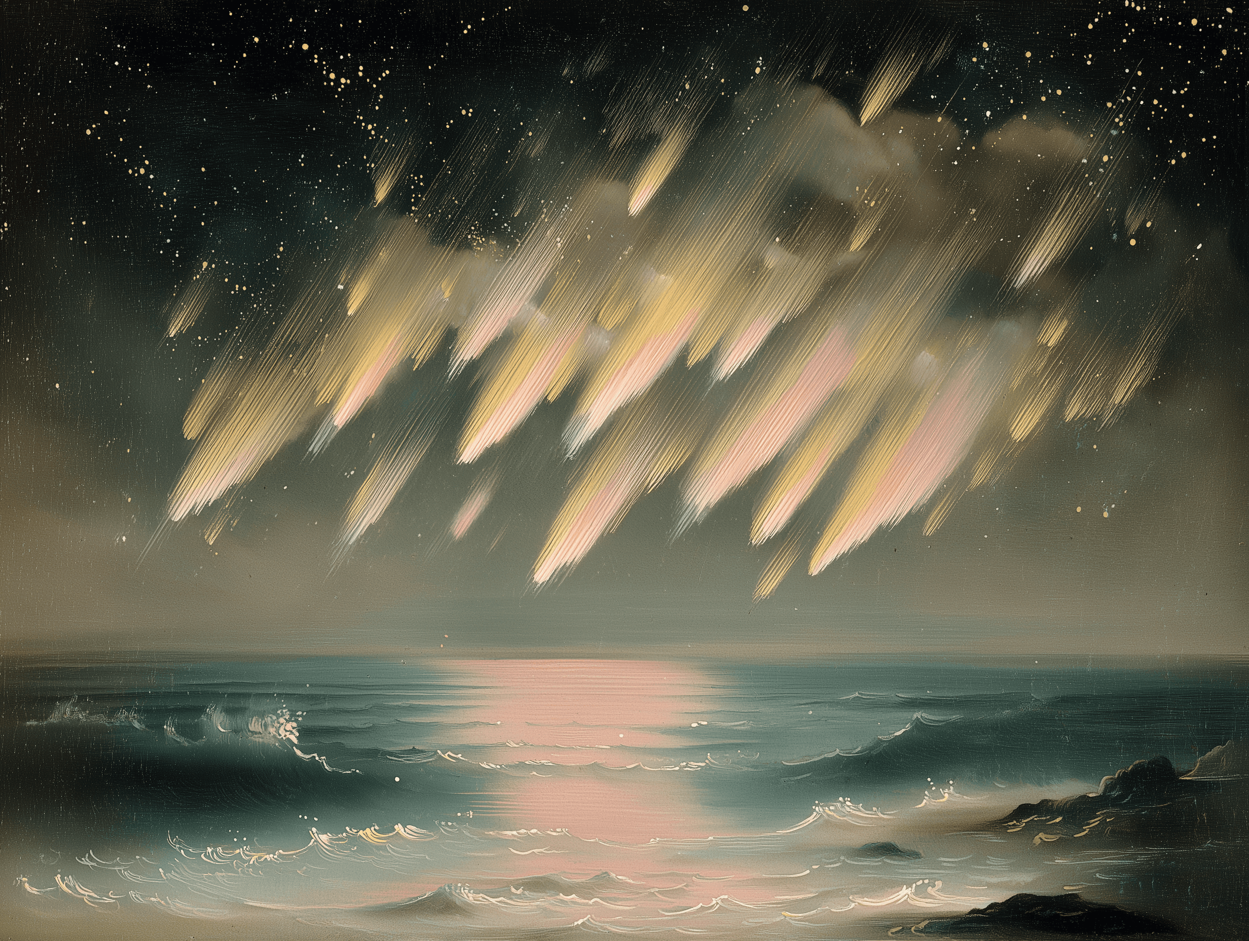 A lush forest landscape under a dramatic sky with large, billowing clouds and several birds flying. A path winds through the trees, and in the distance, a small cottage with a thatched roof is visible.