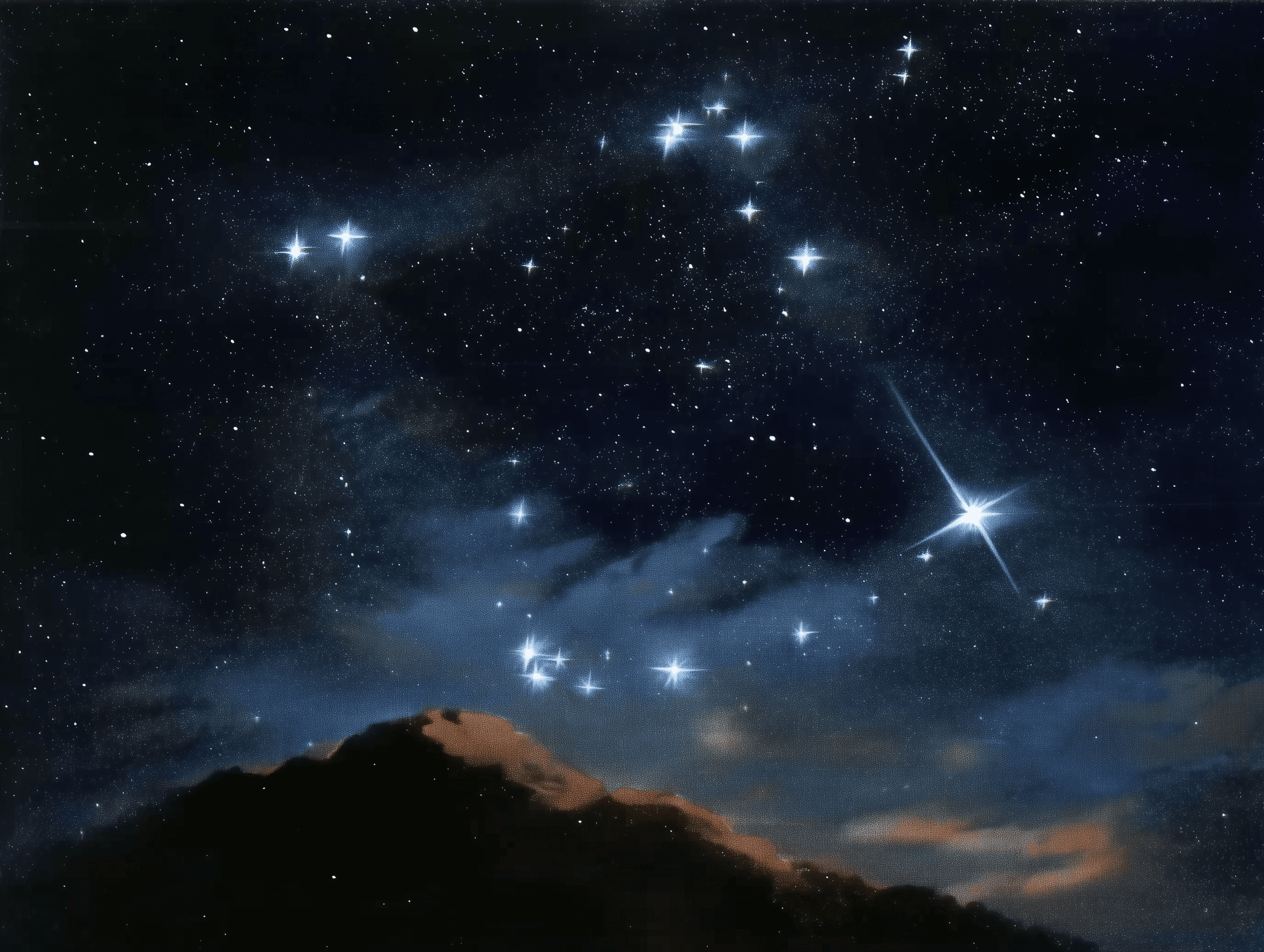 Abstract light beams with scattered white dots against a dark, grainy background