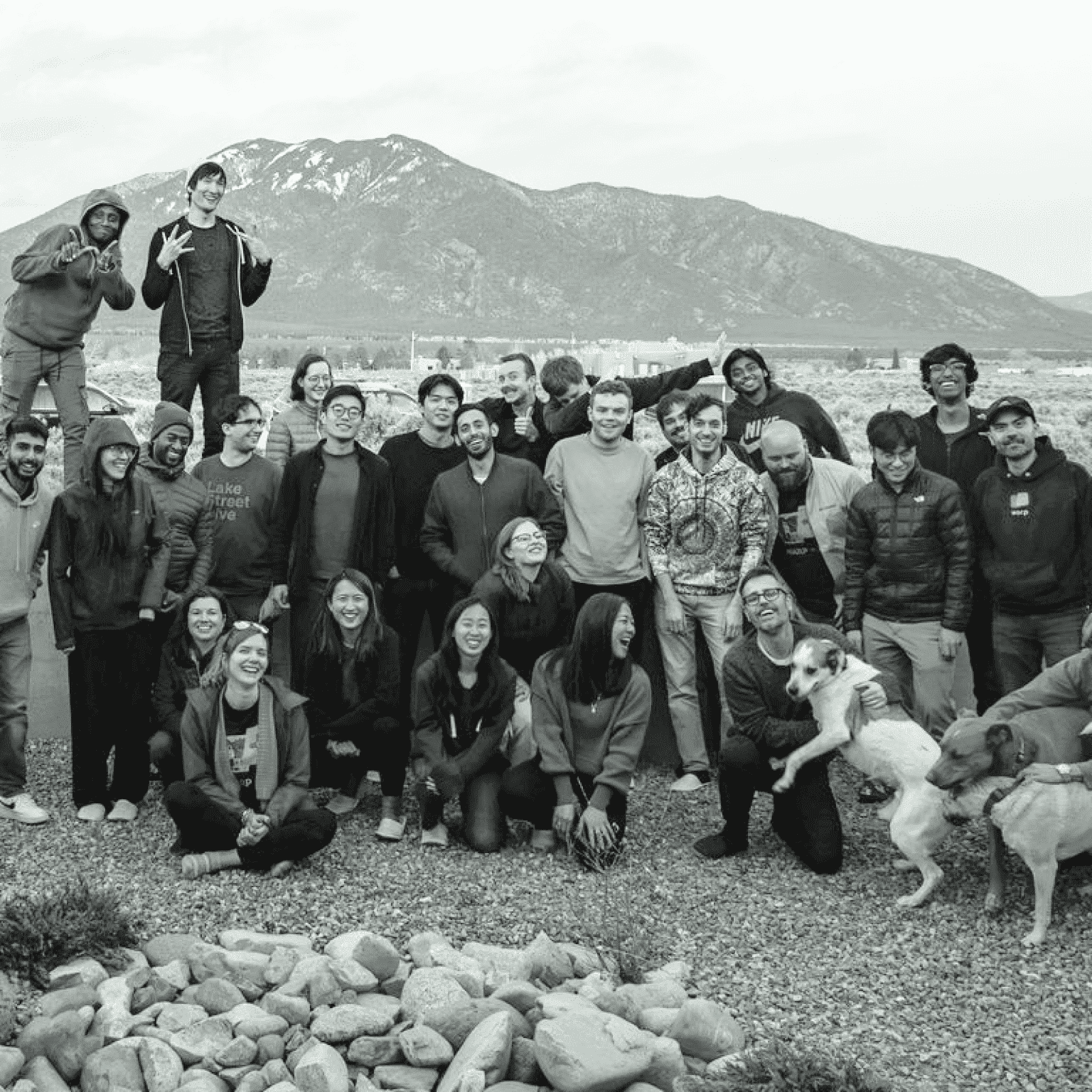 Warp company team posing for a group photo with dogs in front of a mountain range