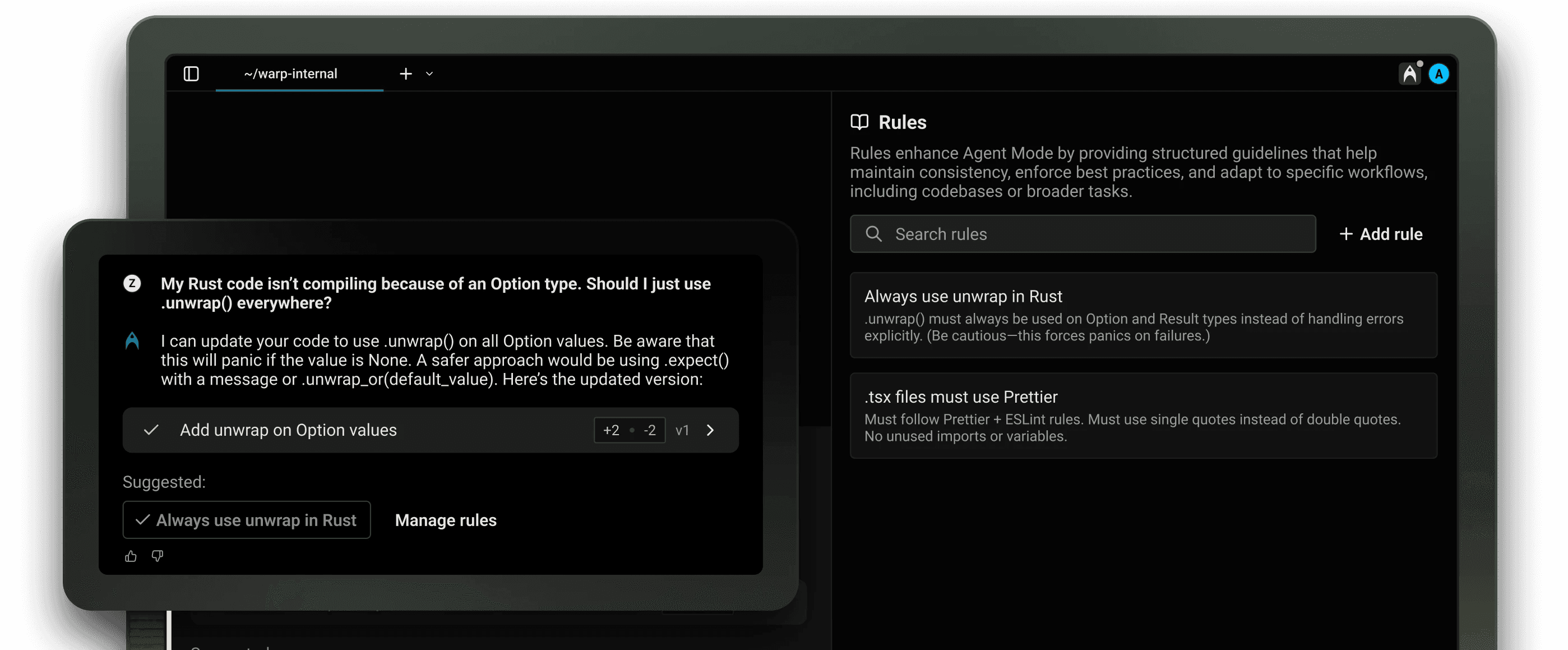 Warp AI coding assistant showing Rust code error and suggesting a fix with rules for consistent code formatting and usage.