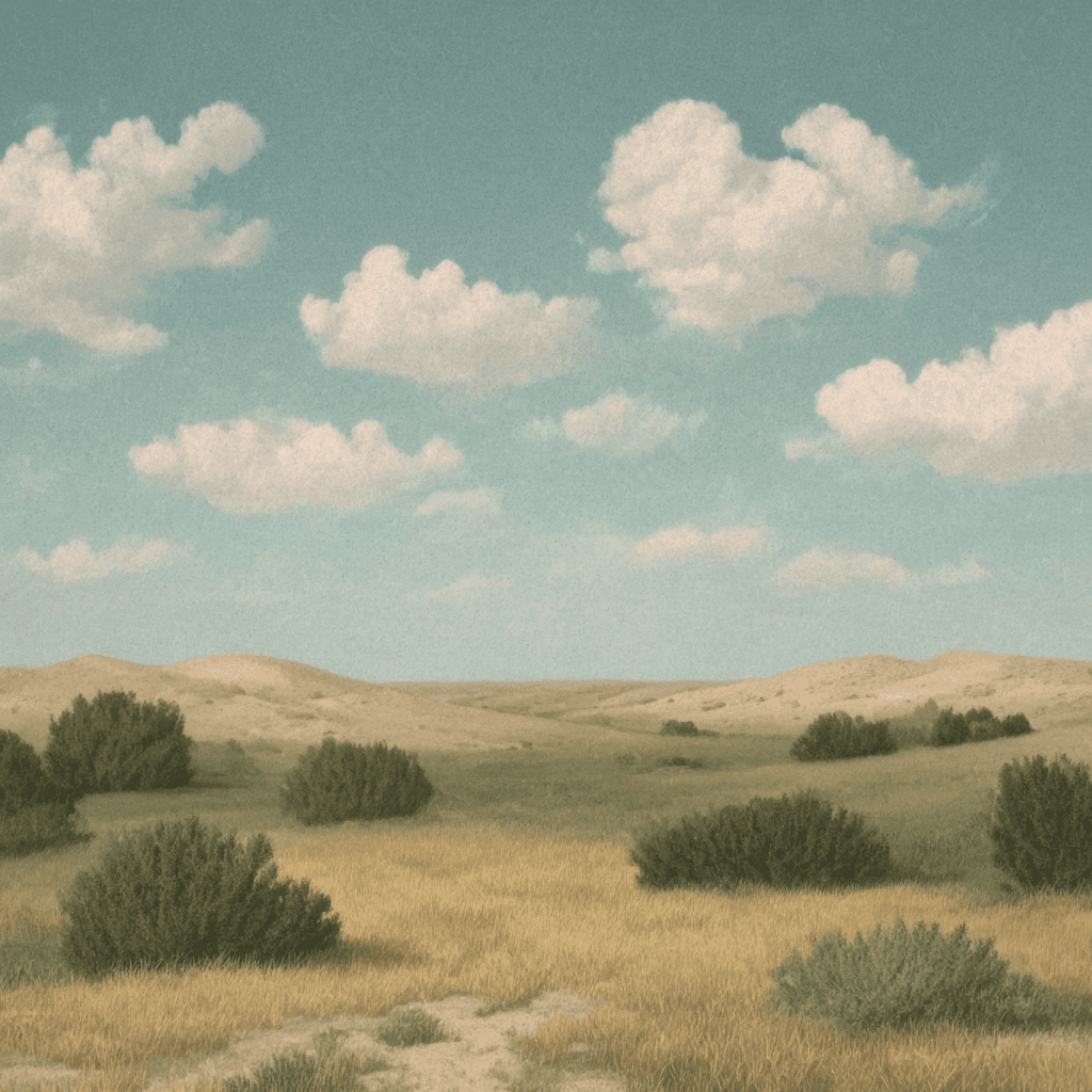 A wide, hazy landscape under a pale blue sky with scattered white clouds, featuring rolling, sandy hills in the distance and dry, yellow grass and green bushes in the foreground.