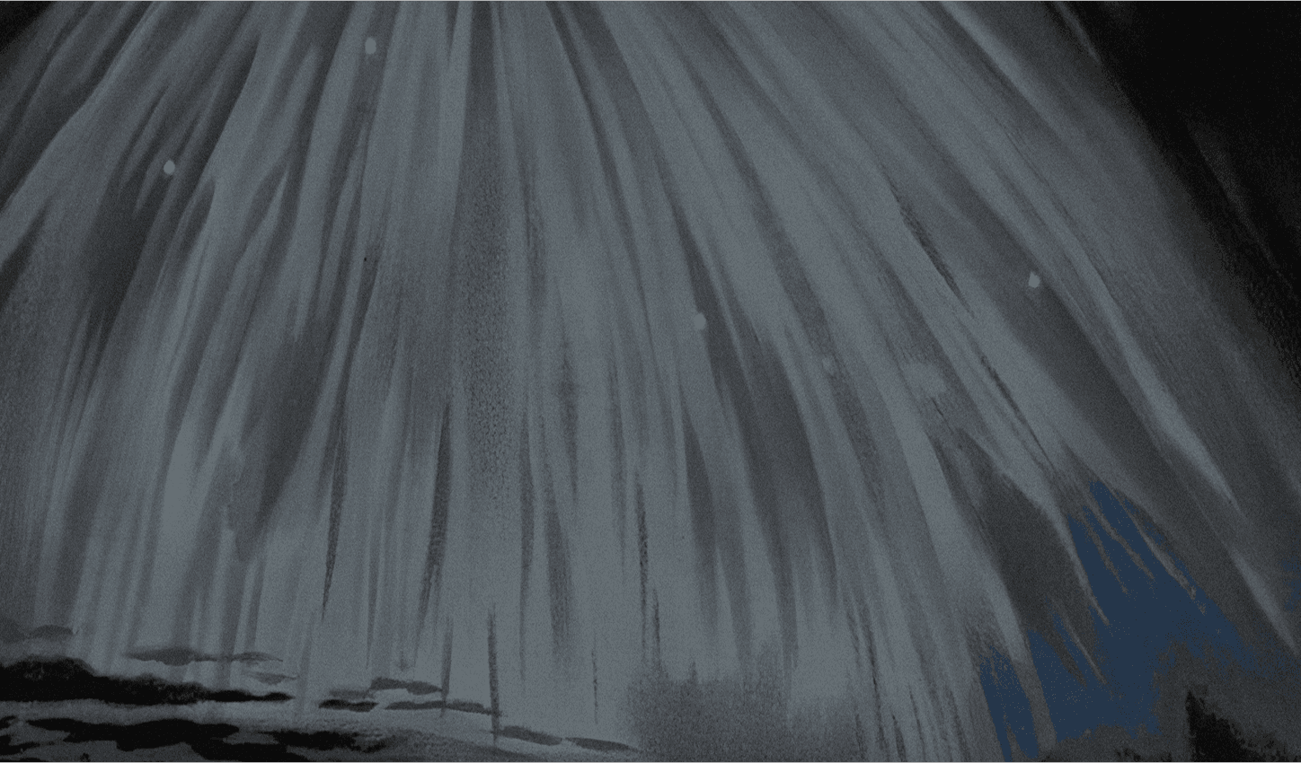 Abstract dark gray background with textured vertical streaks and small white dots, hints of dark blue in the lower right.